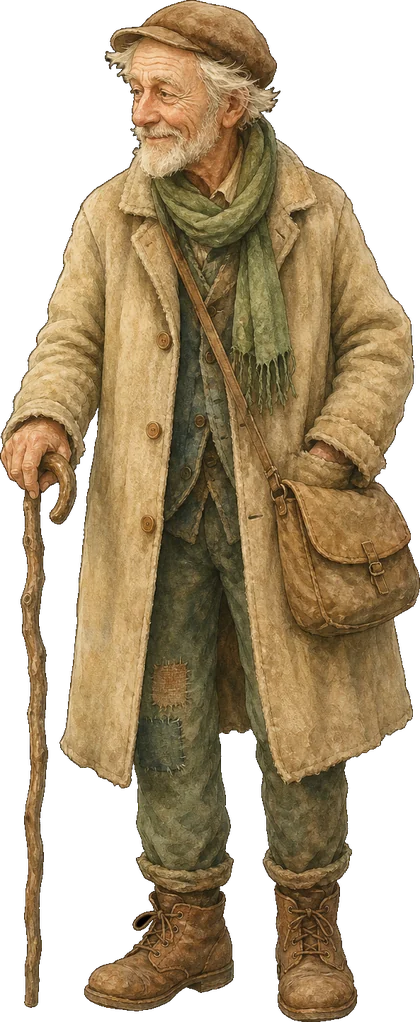 An old Warden in a long coat, leaning on a walking cane